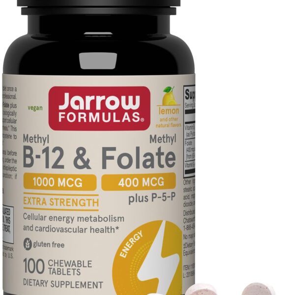 Jarrow Formulas Methyl B-12 & Methyl Folate, Bioactive Vitamin B9 & Vitamin B12 Supplement, Supports Cellular Energy Production, Healthy Brain Function & Metabolism, 100 Chewable Tablets, 100 Servings