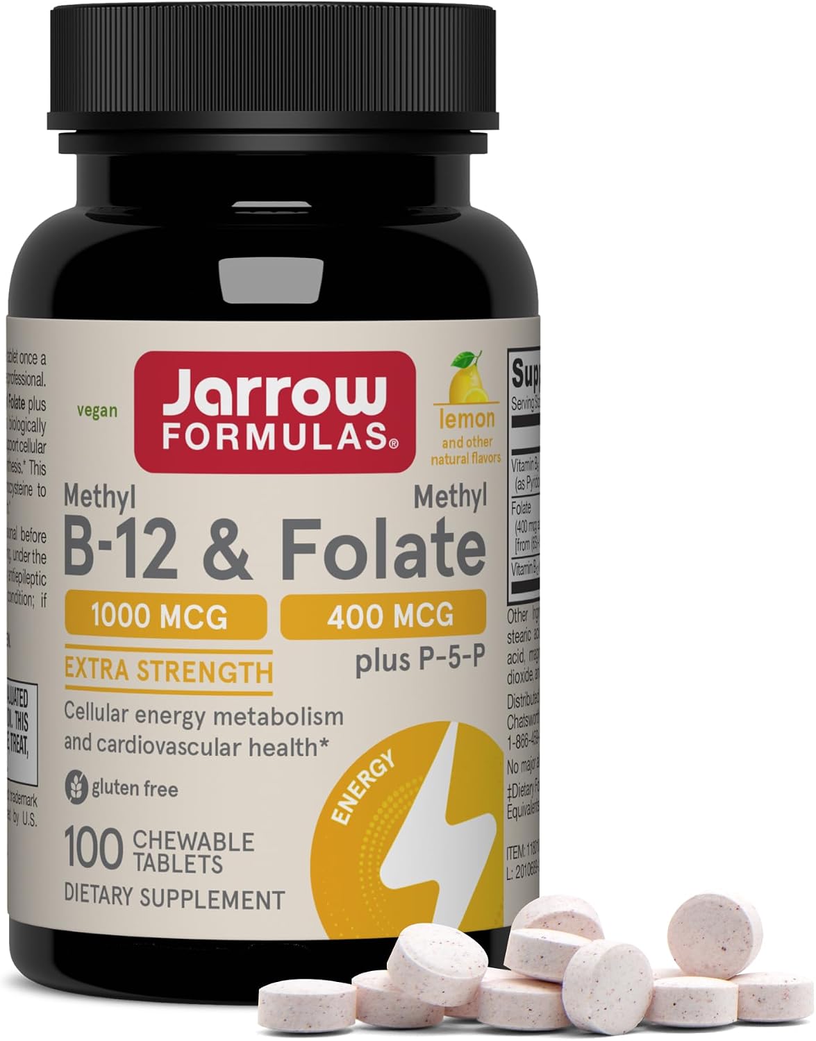 Jarrow Formulas Methyl B-12 & Methyl Folate, Bioactive Vitamin B9 & Vitamin B12 Supplement, Supports Cellular Energy Production, Healthy Brain Function & Metabolism, 100 Chewable Tablets, 100 Servings Jarrow Formulas Methyl B-12 & Methyl Folate, Bioactive Vitamin B9 & Vitamin B12 Supplement, Supports Cellular Energy Production, Healthy Brain Function & Metabolism, 100 Chewable Tablets, 100 Servings