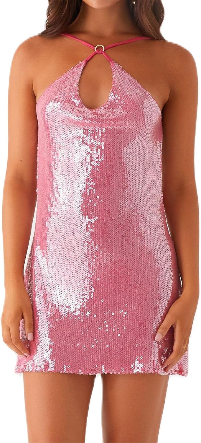 Women's Sexy Halter Sequin Backless Mini Dress Sleeveless Low Cowl Back Glitter Short Dresses Party Evening Gown Women's Sexy Halter Sequin Backless Mini Dress Sleeveless Low Cowl Back Glitter Short Dresses Party Evening Gown