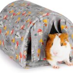 Glittme Guinea Pig Hideout with Curtain and Tunnel - Soft Bed with Cushion - Suitable for Guinea Pig, Hamster, Chinchilla, Bunny - Grey Mushrooms