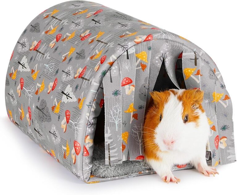 Glittme Guinea Pig Hideout with Curtain and Tunnel - Soft Bed with Cushion - Suitable for Guinea Pig, Hamster, Chinchilla, Bunny - Grey Mushrooms
