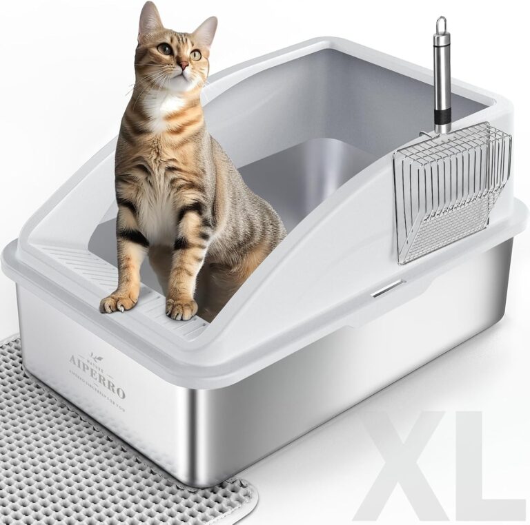 AIPERRO Stainless Steel Litter Box | XL Enclosed Cat Litter Boxes with Lid for Big Cats | High Sided, Anti-Urine Leakage | Non-Stick Bottom & Includes Litter Mat & Metal Scoop