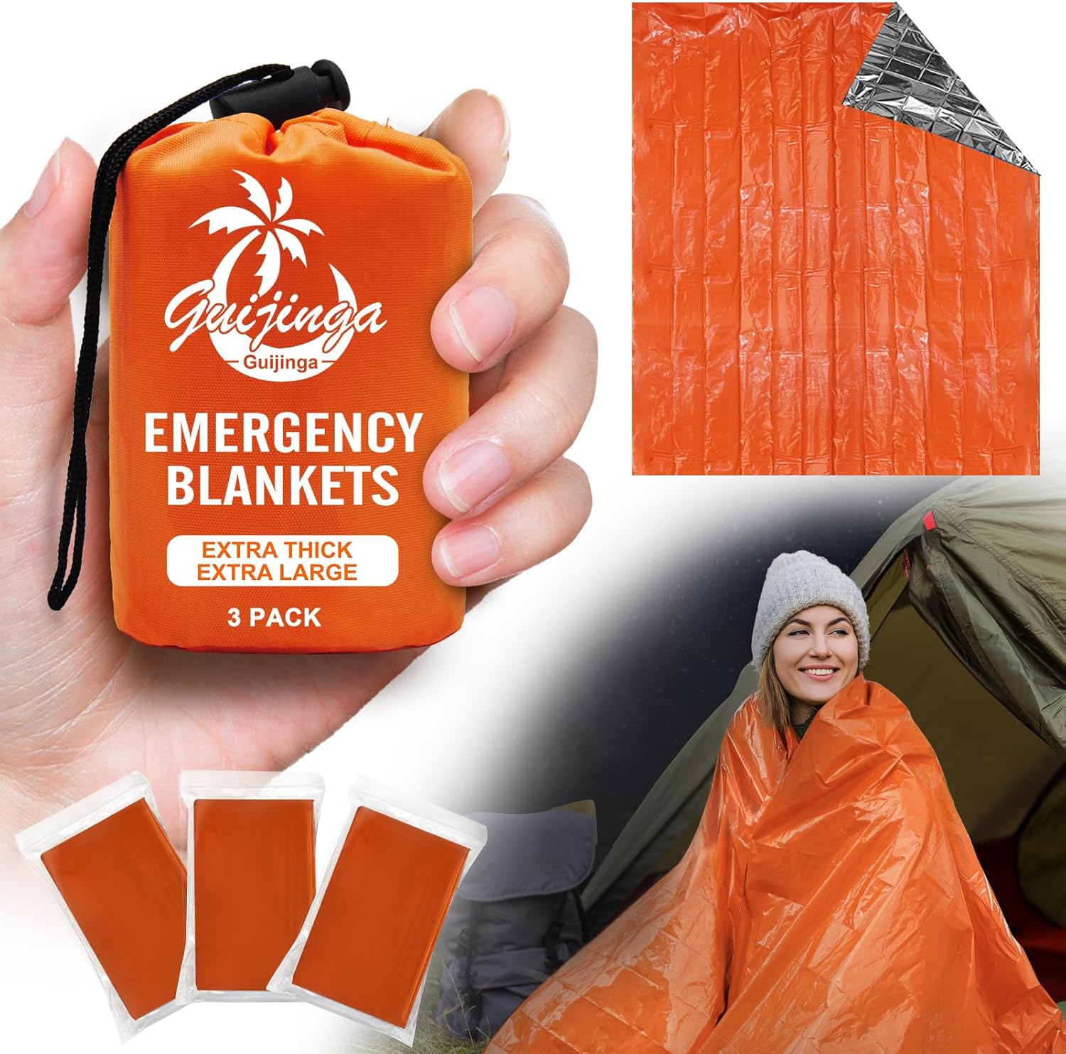 3-Pack Emergency Blanket, Extra-Thick Extra-Large Survival Blanket, Thermal Reflective Emergency Thermal Blanket for Outdoor Adventures, for Camping, Hiking, and Car Emergencies 3-Pack Emergency Blanket, Extra-Thick Extra-Large Survival Blanket, Thermal Reflective Emergency Thermal Blanket for Outdoor Adventures, for Camping, Hiking, and Car Emergencies