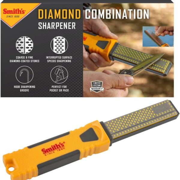 Smith's DCS4 4 Diamond Combination Sharpener - Double Sided Stone - Outdoor Field Knife Sharpener - Fish Hook & Pointed Tools Micro Sharpener - Lightweight, Compact, Handheld