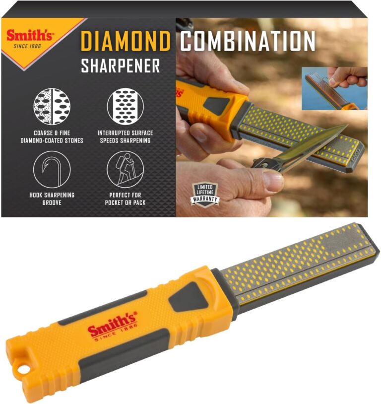 Smith's DCS4 4 Diamond Combination Sharpener - Double Sided Stone - Outdoor Field Knife Sharpener - Fish Hook & Pointed Tools Micro Sharpener - Lightweight, Compact, Handheld