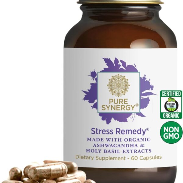 PURE SYNERGY Stress Remedy | Soothing Supplement with Ashwagandha | Organic Adaptogen Support from Lemon Balm and Holy Basil | for Stress Relief, Adrenal Health, and Mood (60 Capsules)