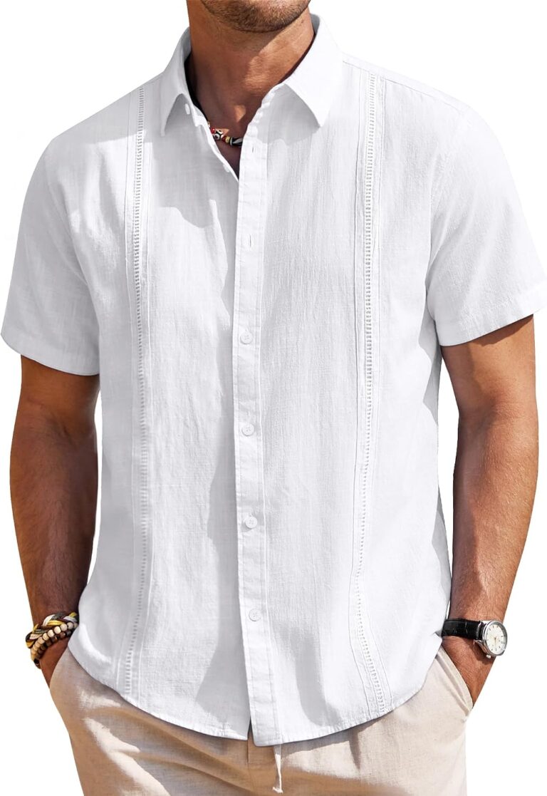 Mens Linen Textured Shirt Short Sleeve Button Down Cuban Guayabera Shirt | 100% Cotton, Casual Wear, Lightweight Breathable, Summer Beach, Untucked, Relaxed Fit, Vacation, Cruise, Camp, Collared