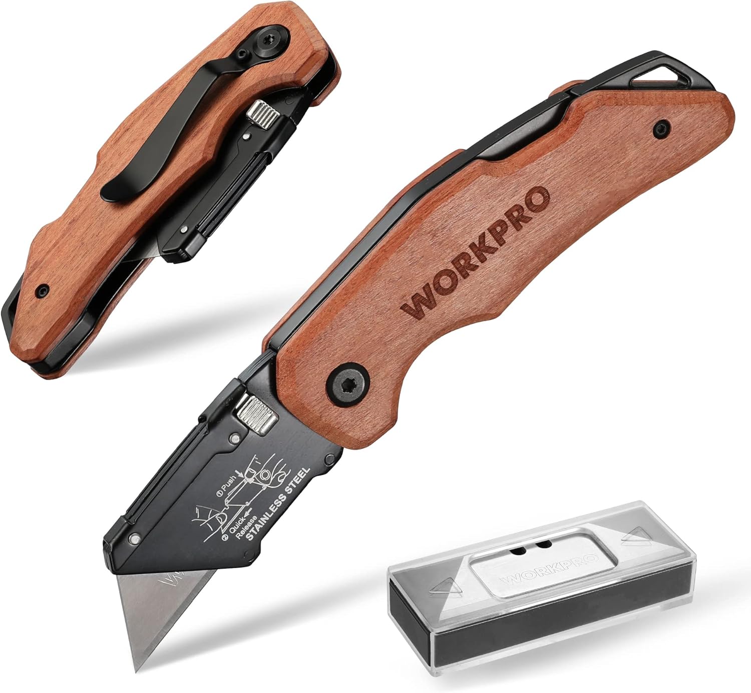 WORKPRO Folding Utility Knife with Stainless Steel Head, Quick-change Blade & Back Lock, Wood Handle Heavy Duty Box Cutter, 1PC Razor Knife with Extra 10PC SK5 Blades WORKPRO Folding Utility Knife with Stainless Steel Head, Quick-change Blade & Back Lock, Wood Handle Heavy Duty Box Cutter, 1PC Razor Knife with Extra 10PC SK5 Blades