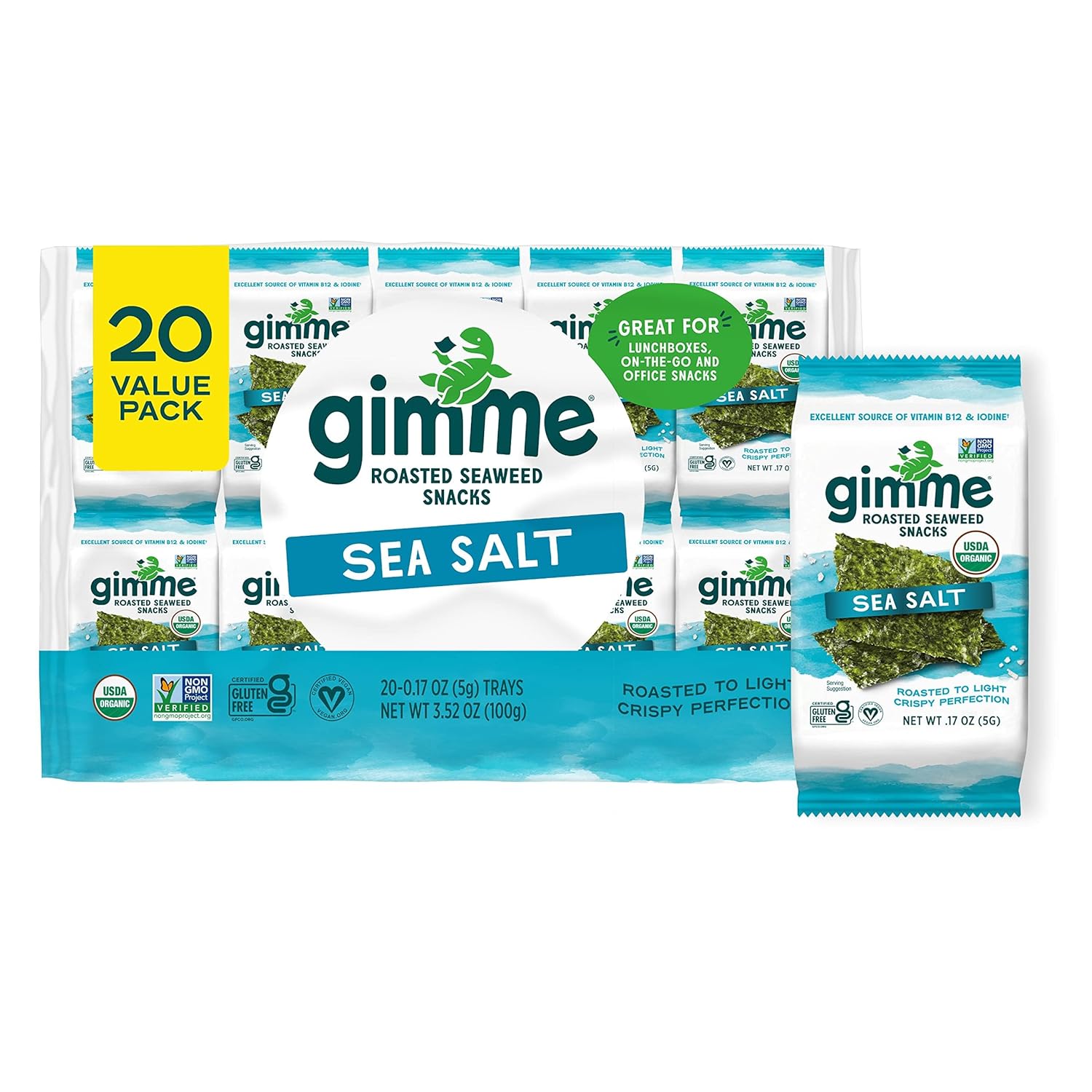 Gimme Seaweed Organic Premium Roasted Seaweed Snacks, Sea Salt, 20 Count, Keto, Vegan, Gluten-Free, Great Source of Omega3s and Iodine, Healthy On-The-Go Snack for Kids and Adults Gimme Seaweed Organic Premium Roasted Seaweed Snacks, Sea Salt, 20 Count, Keto, Vegan, Gluten-Free, Great Source of Omega3s and Iodine, Healthy On-The-Go Snack for Kids and Adults
