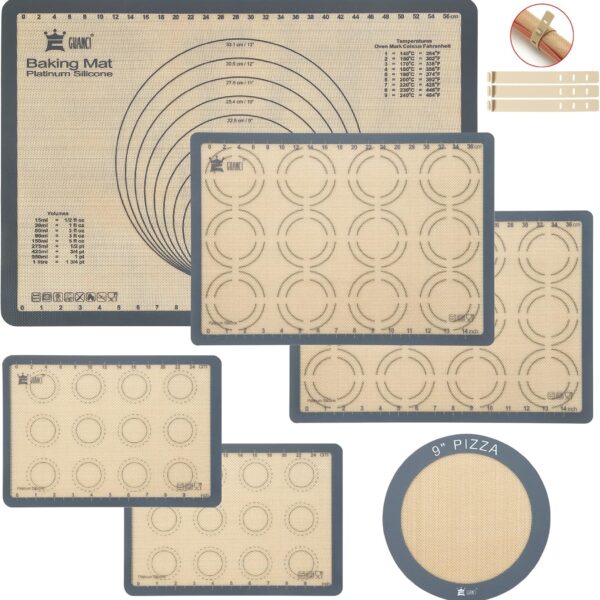 GUANCI Silicone Baking Mat Set of 6, Includes 25"x17.5" Large, 2 Medium 16.5"x11.6", 2 Small 11.75"x8.25", 9" Round, All Mats 0.70mm Thick, Non-Stick Reusable Baking Mats for Pizza, Cookie, Bread