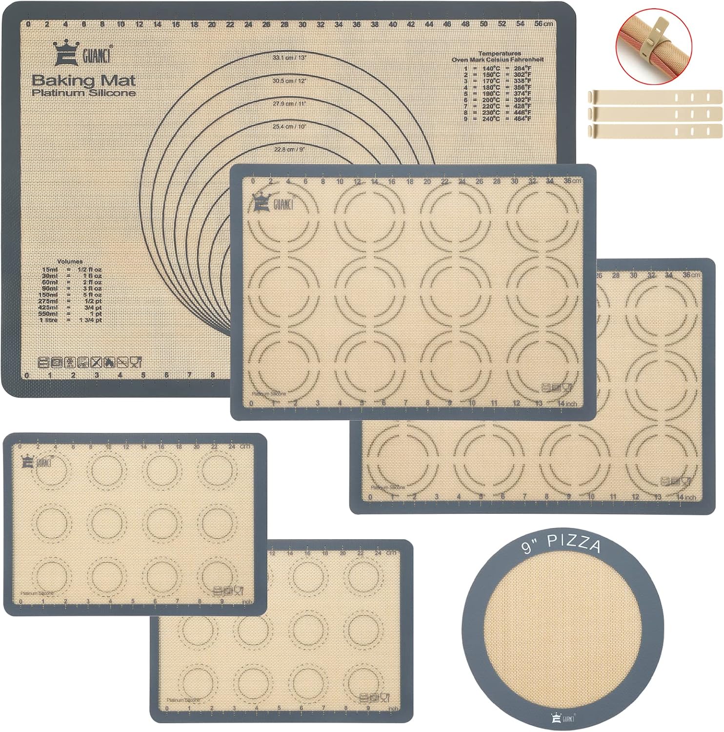 GUANCI Silicone Baking Mat Set of 6, Includes 25"x17.5" Large, 2 Medium 16.5"x11.6", 2 Small 11.75"x8.25", 9" Round, All Mats 0.70mm Thick, Non-Stick Reusable Baking Mats for Pizza, Cookie, Bread GUANCI Silicone Baking Mat Set of 6, Includes 25"x17.5" Large, 2 Medium 16.5"x11.6", 2 Small 11.75"x8.25", 9" Round, All Mats 0.70mm Thick, Non-Stick Reusable Baking Mats for Pizza, Cookie, Bread