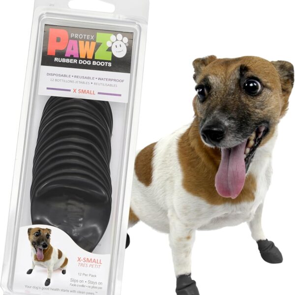 PawZ Rubber Dog Boots for Small Paws - All-Weather Waterproof Dog Shoes, Anti-Slip Traction for Rain, Snow, Mud & Hot Pavement - Pull-On Dog Booties, Black - X-Small (1.5"-2") - Pack of 12
