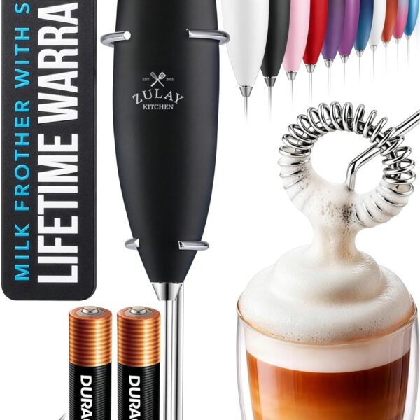 Zulay Kitchen Powerful Milk Frother Wand With Duracell Batteries - Ultra Fast Handheld Drink Mixer - Electric Whisk Foam Maker for Coffee, Lattes, Cappuccino & Matcha - Z1 Motor - Black