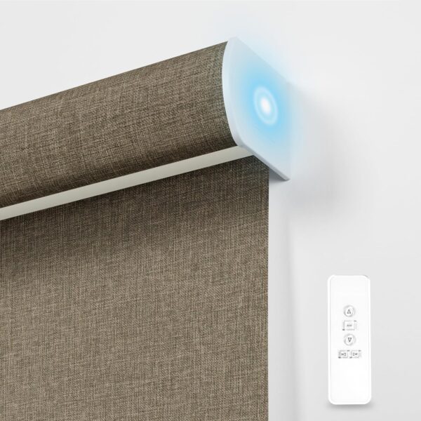 BERISSA Motorized Blinds with Remote,Blackout Smart Blinds for Windows,Linen Fabric,Remote Control,Thermal Insulated Automatic Blinds,Electric Blinds with USB/Solar Pannel.Linen Brown