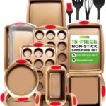NutriChef 15-Piece Nonstick Bakeware Set w/ Baking Utensils  Premium Oven Safe Baking Pans with Silicone Handles, Easy Clean, Dishwasher Safe Tray Set for Cakes, Muffins, Bread, Cookies & Roasting