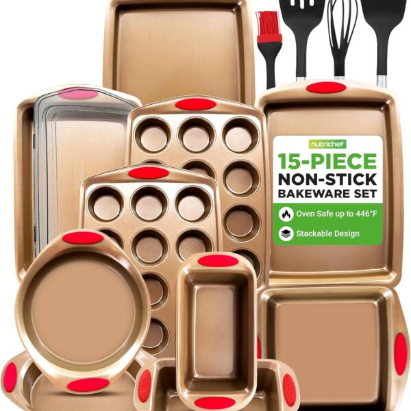 NutriChef 15-Piece Nonstick Bakeware Set w/ Baking Utensils  Premium Oven Safe Baking Pans with Silicone Handles, Easy Clean, Dishwasher Safe Tray Set for Cakes, Muffins, Bread, Cookies & Roasting