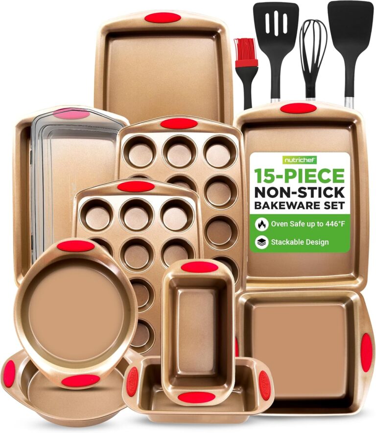 NutriChef 15-Piece Nonstick Bakeware Set w/ Baking Utensils  Premium Oven Safe Baking Pans with Silicone Handles, Easy Clean, Dishwasher Safe Tray Set for Cakes, Muffins, Bread, Cookies & Roasting