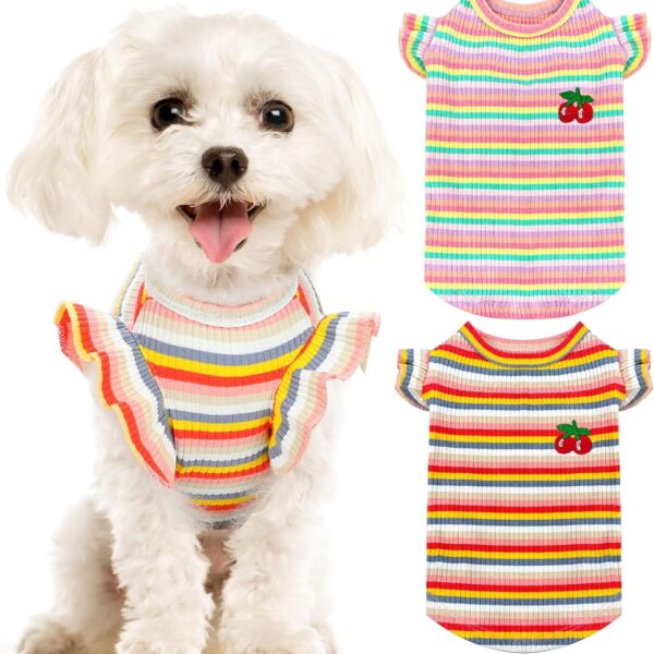 2 Pack Cute Striped Small Dog T Shirts Soft Cotton Girl Dog Clothes Breathable Pet Puppy Cats Vest Spring Summer Pet OutfitsPink+Orange,Medium