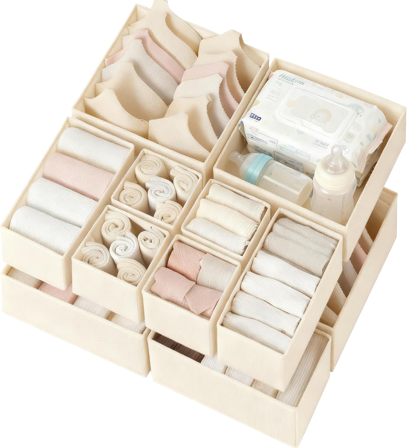 Criusia Drawer Organizer Clothes 12 Pack, Dresser Organizer for Nursery Bedroom Closet Organization and Storage - Baby Clothes Organizer Bins - Drawer Divider for Sock Underwear Bra Ties (Beige) Criusia Drawer Organizer Clothes 12 Pack, Dresser Organizer for Nursery Bedroom Closet Organization and Storage - Baby Clothes Organizer Bins - Drawer Divider for Sock Underwear Bra Ties (Beige)