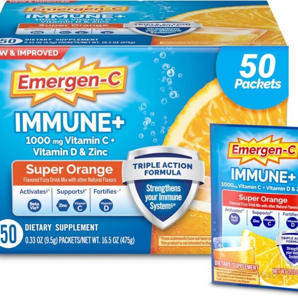 Emergen-C Immune+ Triple Action Immune Support Powder, BetaVia (R), 1000mg Vitamin C, B Vitamins, Vitamin D and Antioxidants, Super Orange 50 Count