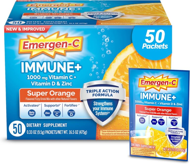 Emergen-C Immune+ Triple Action Immune Support Powder, BetaVia (R), 1000mg Vitamin C, B Vitamins, Vitamin D and Antioxidants, Super Orange  50 Count