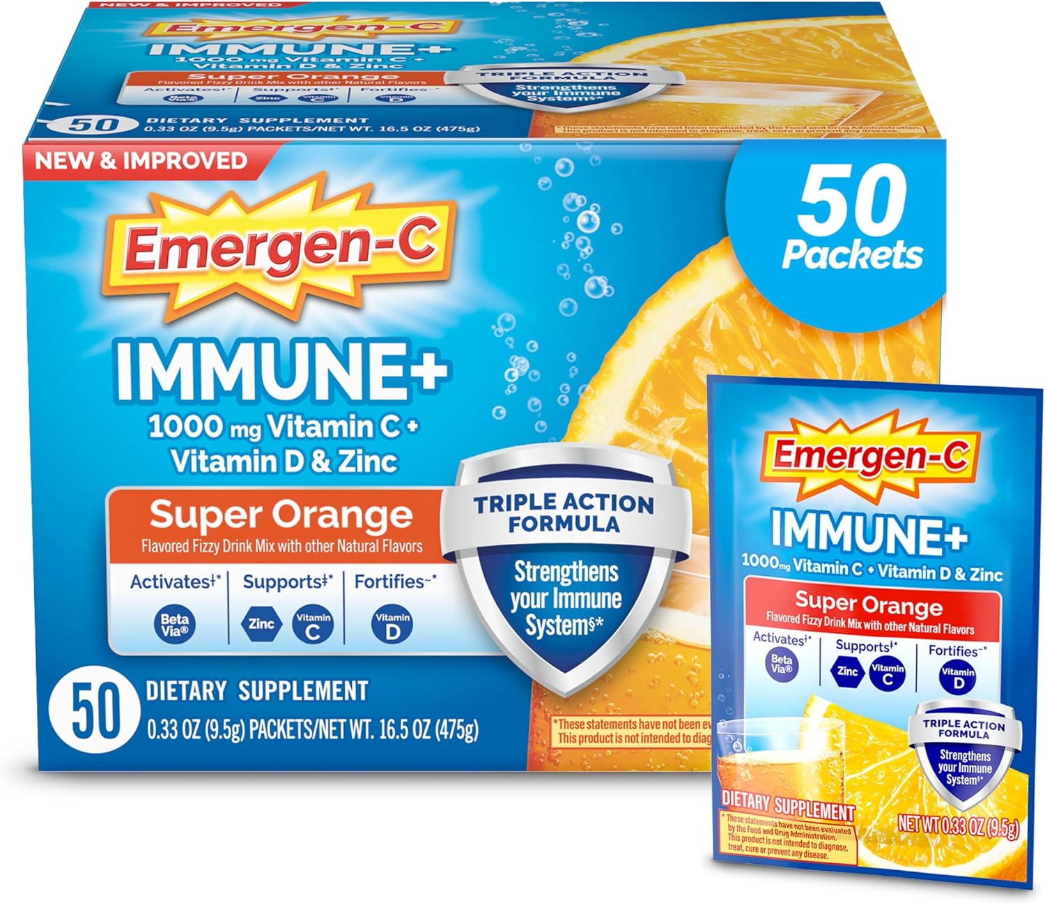 Emergen-C Immune+ Triple Action Immune Support Powder, BetaVia (R), 1000mg Vitamin C, B Vitamins, Vitamin D and Antioxidants, Super Orange 50 Count Emergen-C Immune+ Triple Action Immune Support Powder, BetaVia (R), 1000mg Vitamin C, B Vitamins, Vitamin D and Antioxidants, Super Orange 50 Count