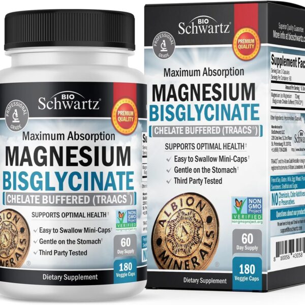 Magnesium Bisglycinate Chelated Supplement -180 Capsules | High Absorption Magnesium Glycinate Supplement for Women and Men - Sleep, Muscle, Bone & Joint Support - Non-GMO Chelate