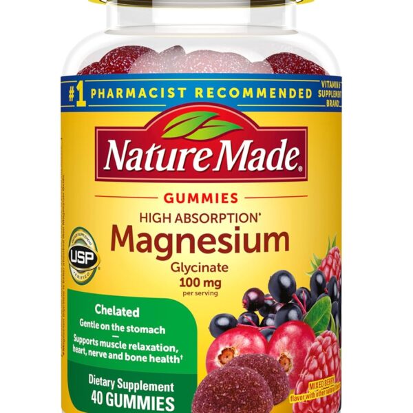 Nature Made High Absorption Magnesium Glycinate Gummies 100 mg per Serving, Muscle, Nerve, Bone and Heart Support, Magnesium Supplement, 40 Magnesium Gummies, 20 Day Supply