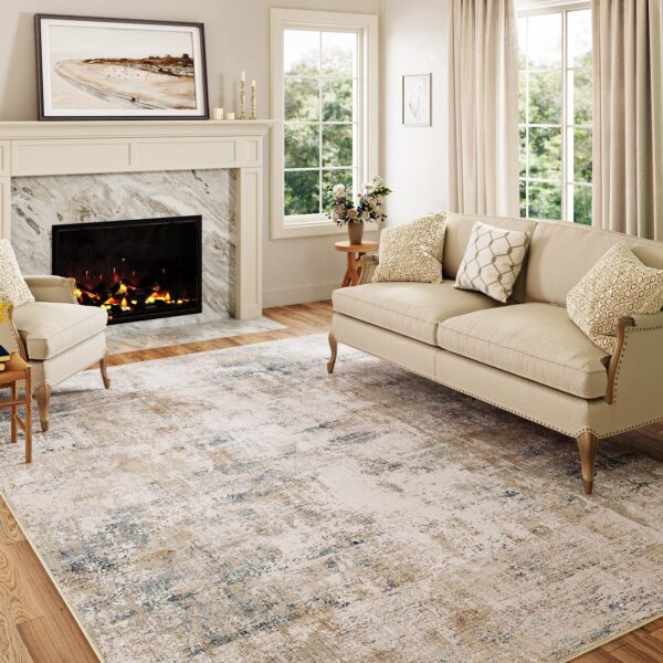 5x7 Washable Area Rug Beige Blue Abstract Non Slip Soft Low Pile Rug for Living Room Bedroom Dining Room Office Neutral Modern Indoor Throw Carpet for Home Decor