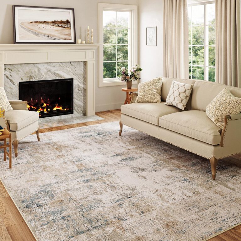 5x7 Washable Area Rug Beige Blue Abstract Non Slip Soft Low Pile Rug for Living Room Bedroom Dining Room Office Neutral Modern Indoor Throw Carpet for Home Decor