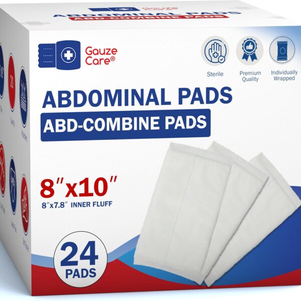 GauzeCare Sterile Abdominal- ABD Combine Pads| 24-Pack, 8x10 Inches| Extra Absorbent & Thick, Individually Wrapped Wound Dressing, First Aid Pads| Surgical-Grade, Nonstick- for Heavy Leakage, Post Op