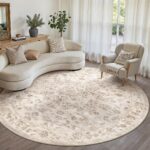 8x8 Beige Neutral Round Rug | Washable, Non Slip, Soft Low Pile, Vintage Farmhouse, for Dining Room Living Room Bedroom Office Entryway Indoor Home Decor