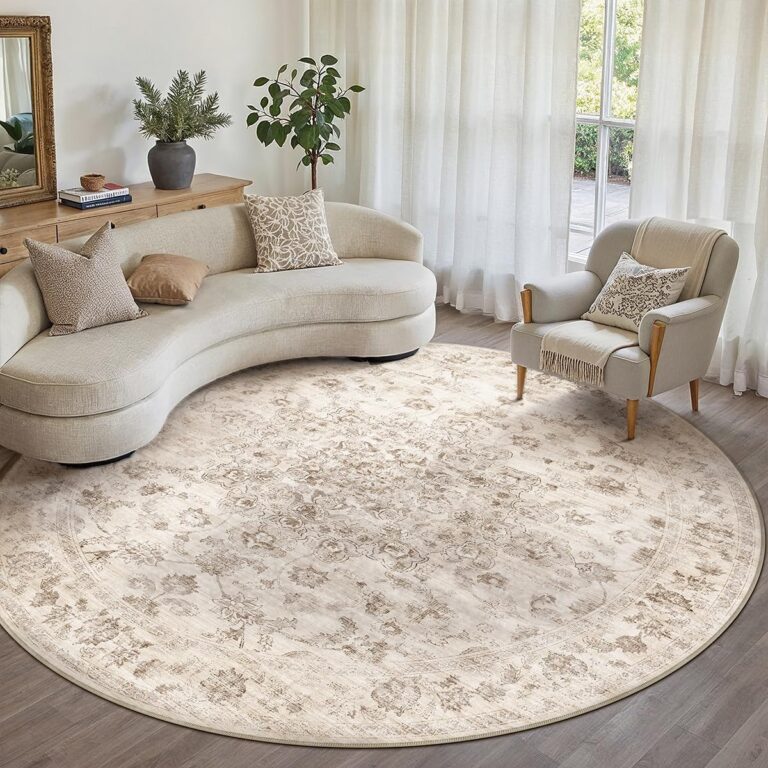 8x8 Beige Neutral Round Rug | Washable, Non Slip, Soft Low Pile, Vintage Farmhouse, for Dining Room Living Room Bedroom Office Entryway Indoor Home Decor