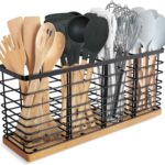 Suli Extra Large Kitchen Utensil Holder Countertop with 4 Compartments,Matte Black Metal holder with Wooden Base for Countertop,Farmhouse Utensil Organizer for counter,Rustic Cooking Utensil Organizer