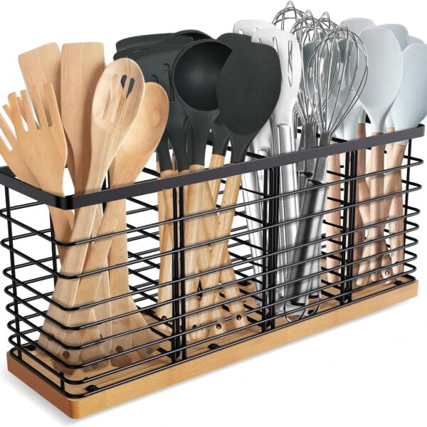 Suli Extra Large Kitchen Utensil Holder Countertop with 4 Compartments,Matte Black Metal holder with Wooden Base for Countertop,Farmhouse Utensil Organizer for counter,Rustic Cooking Utensil Organizer