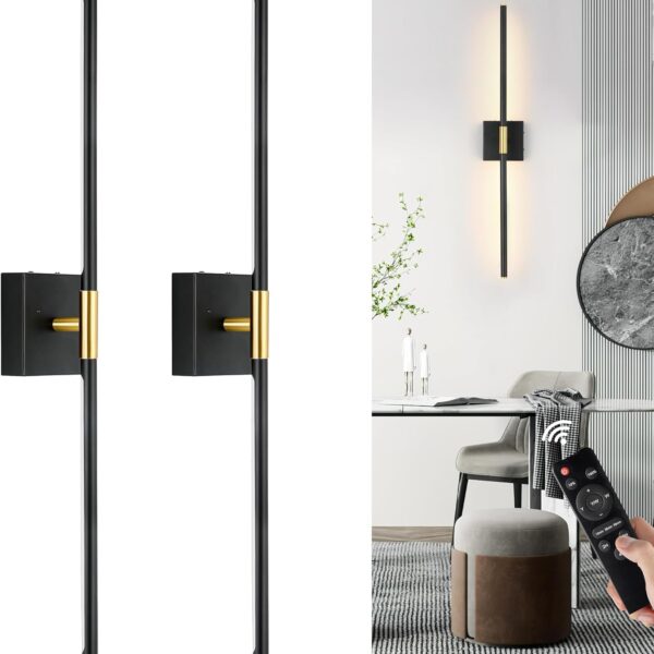 10000mAh Battery Operated Wall Sconces Set of 2, 3 Color Dimmable Rechargeable Wall Light with Remote, 24 Inch Black Gold Wireless Sconces Wall Decor with Timer Function for Living Room, Bedroom, TV