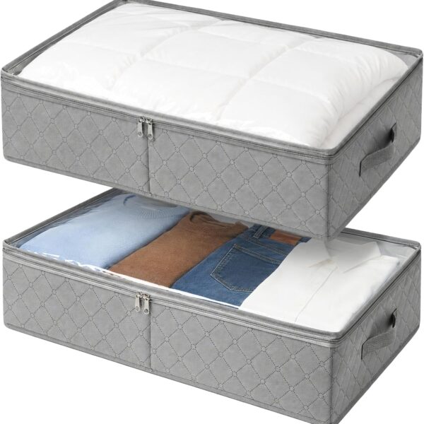 LotFancy Foldable Under Bed Storage Bags, Closet Organizers and Storage Bins, Clothes Blankets Organizer, with Clear Window and Reinforced Handles, 24 x 16 x 6", Pack of 2, Gray