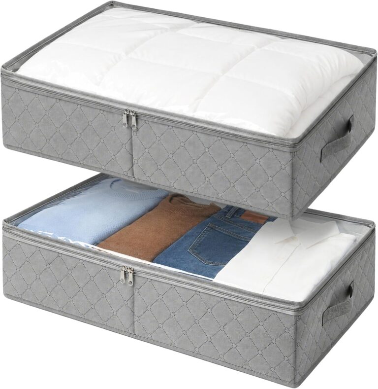 LotFancy Foldable Under Bed Storage Bags, Closet Organizers and Storage Bins, Clothes Blankets Organizer, with Clear Window and Reinforced Handles, 24 x 16 x 6", Pack of 2, Gray