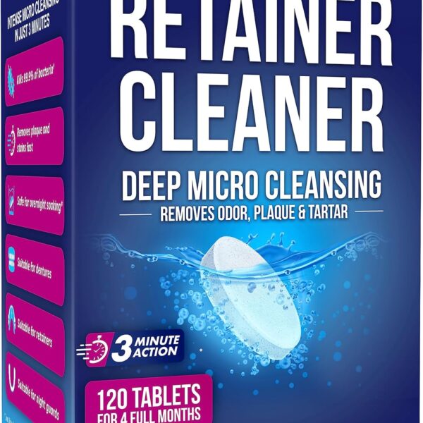 Breelex Retainer Cleaner Tablets for Dentures, Aligners & Night Guards 120 Denture Cleaning Tablets, 3-Minute Deep Clean, Removes Plaque, Stains & Odor FSA HSA Eligible