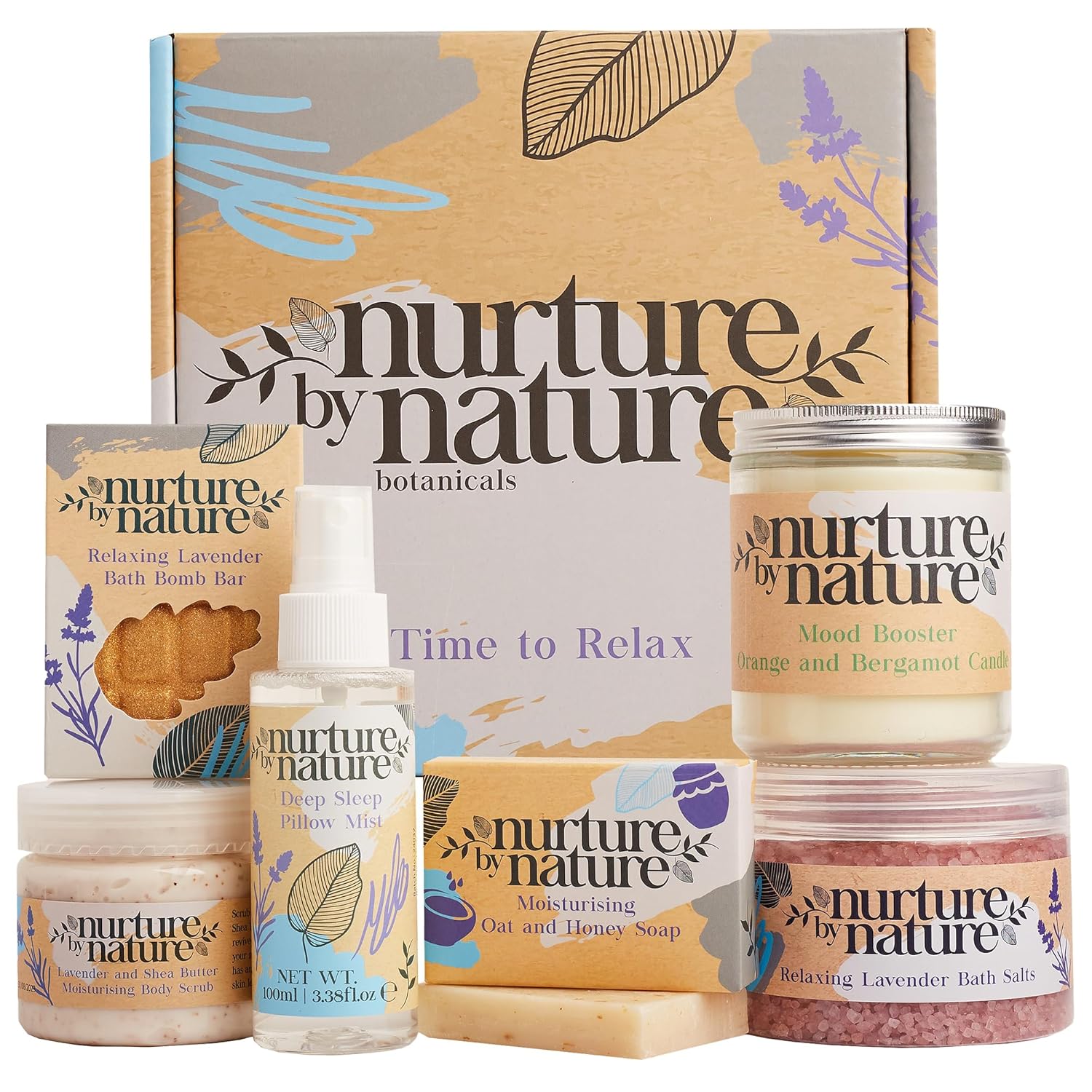 Nurture by Nature Self Care Gifts for Women - Spa Gift Baskets for Women & Relaxation Gifts | At Home Spa Kit | 6 Piece Bath Set with Pillow Spray, Candle, Bath Bomb & Bath Salts Nurture by Nature Self Care Gifts for Women - Spa Gift Baskets for Women & Relaxation Gifts | At Home Spa Kit | 6 Piece Bath Set with Pillow Spray, Candle, Bath Bomb & Bath Salts