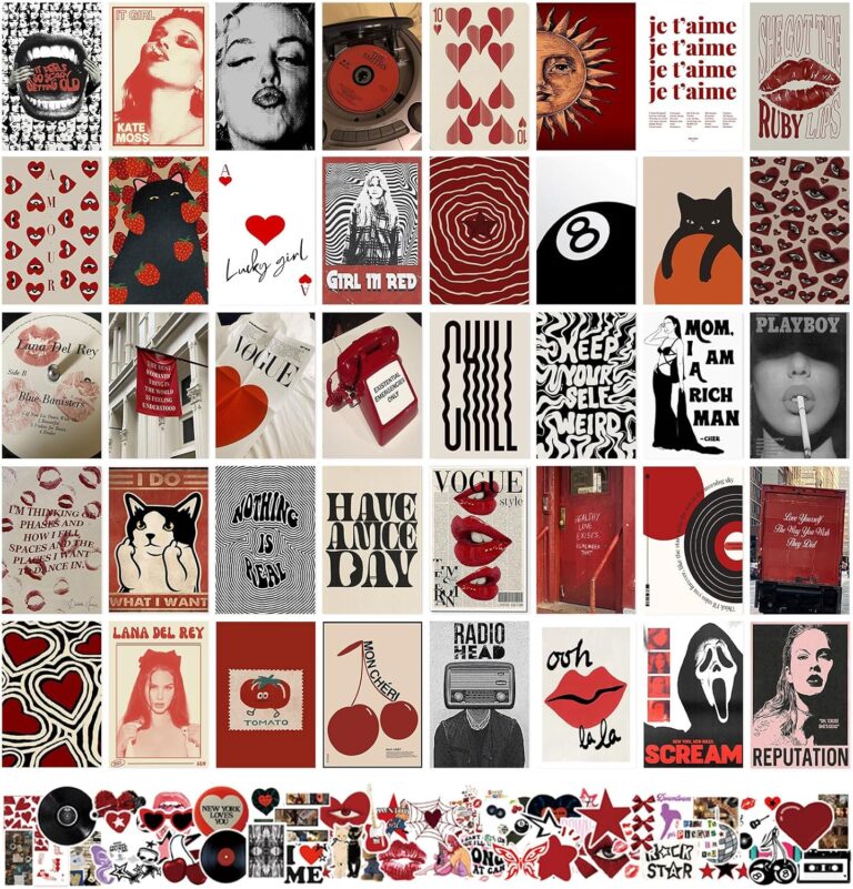 Downtown Girl Room Decor, Y2K Posters with Downtown Girl Stickers, 4"x6" Trendy Vintage Funky Wall Art Prints for Room Aesthetic, Grunge Room Decor Red Wall Collage Kit for Teen Girls Retro Decor