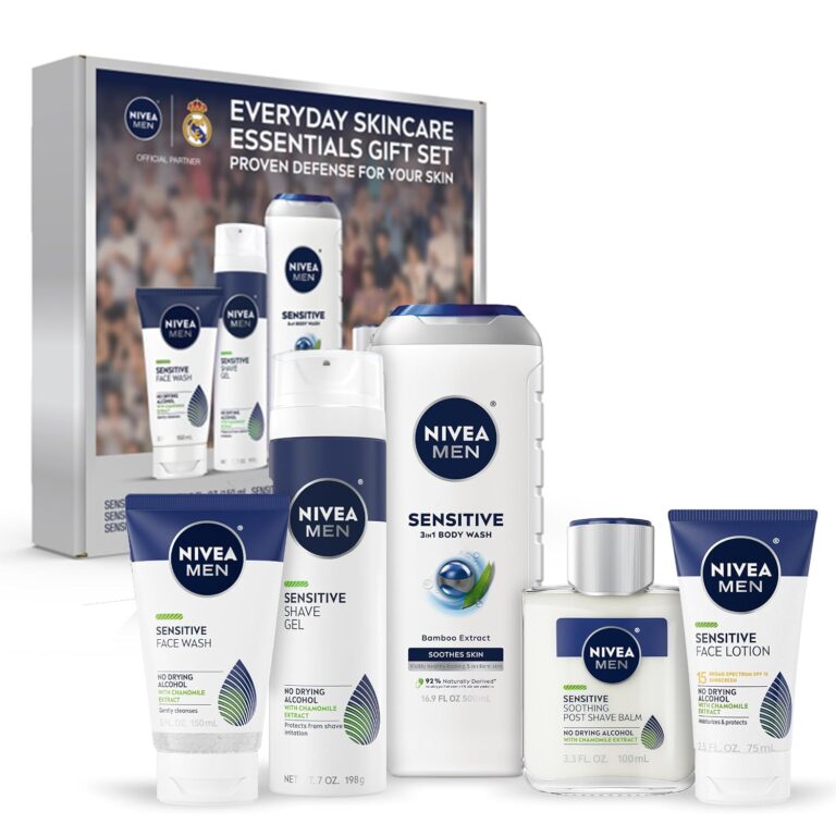 NIVEA MEN Sensitive Skin Care Set for Men, Variety Pack, 5 Items | Face Wash (5 FL OZ), Body Wash (16.9 FL OZ), Shave Gel (7 OZ), Post Shave Balm (3.3 FL OZ), Face Lotion SPF 15 (2.5 FL OZ)