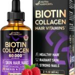 Liquid Biotin & Collagen 60,000 mcg - Vitamins for Hair Growth Support - Extra Strength Drops for Women & Men - Liquid Collagen Supplement - Strong Nails & Healthy Skin - Raspberry Flavor, 2 Fl Oz