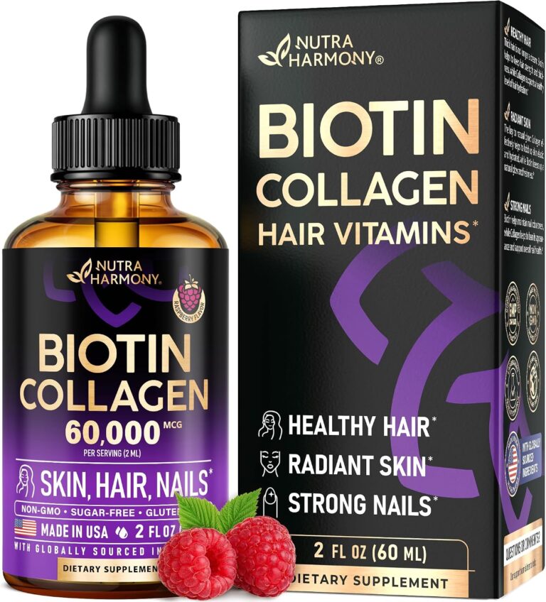 Liquid Biotin & Collagen 60,000 mcg - Vitamins for Hair Growth Support - Extra Strength Drops for Women & Men - Liquid Collagen Supplement - Strong Nails & Healthy Skin - Raspberry Flavor, 2 Fl Oz