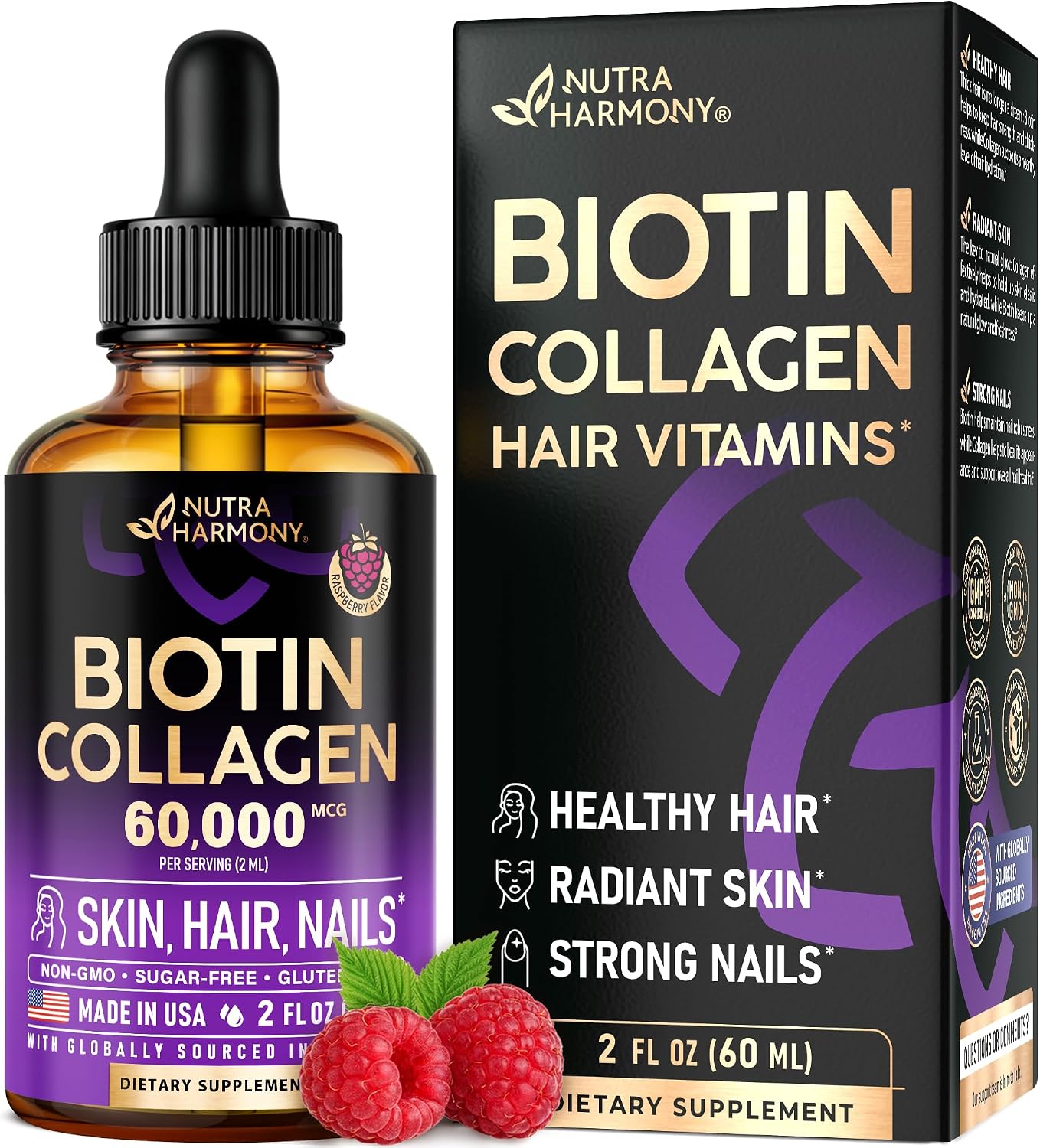 Liquid Biotin & Collagen 60,000 mcg - Vitamins for Hair Growth Support - Extra Strength Drops for Women & Men - Liquid Collagen Supplement - Strong Nails & Healthy Skin - Raspberry Flavor, 2 Fl Oz Liquid Biotin & Collagen 60,000 mcg - Vitamins for Hair Growth Support - Extra Strength Drops for Women & Men - Liquid Collagen Supplement - Strong Nails & Healthy Skin - Raspberry Flavor, 2 Fl Oz