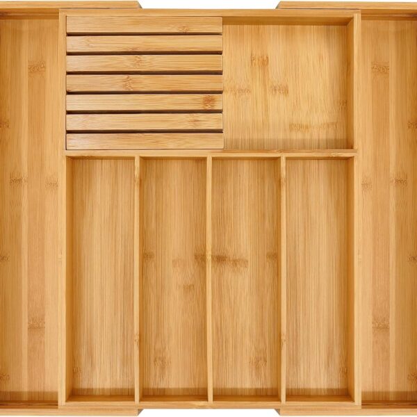 VaeFae Bamboo Silverware Drawer Organizer Kitchen, Expandable Utensil Organizer with Knife Block, Cutlery Tray with Divider, Multifunctional Drawer Organizer
