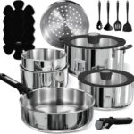 CAROTE 18pcs Stainless Steel Cookware Set with Detachable Handle, Nonstick Pots and Pans Set, Induction Kitchen Cookware Sets with Removable Handle, RV Cookware Set, Oven Safe, Camping Cookware, Black
