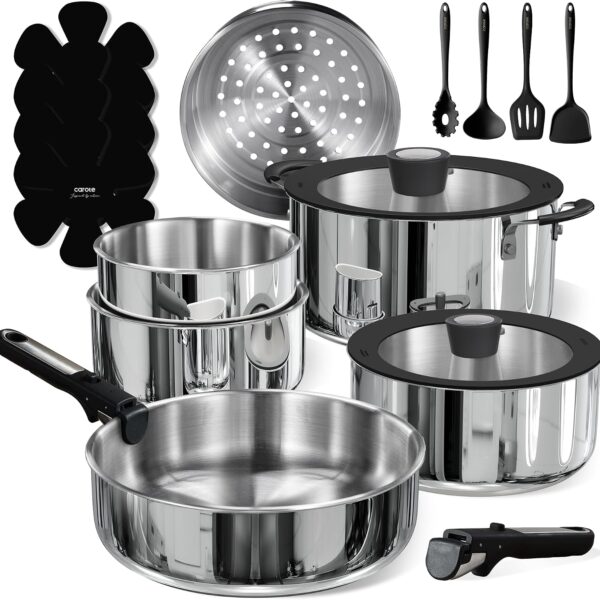 CAROTE 18pcs Stainless Steel Cookware Set with Detachable Handle, Nonstick Pots and Pans Set, Induction Kitchen Cookware Sets with Removable Handle, RV Cookware Set, Oven Safe, Camping Cookware, Black