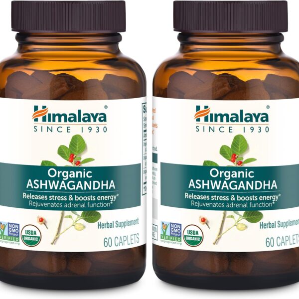 Himalaya Organic Ashwagandha Root, 120 Day Supply - Herbal Adrenal Support Supplements for Stress Relief and Energy Support - USDA Organic, Non-GMO, Vegan, Gluten Free, 670 mg, 120 Caplets