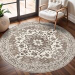 TOPRUUG Washable Oriental Area Rug - 6ft Round Rugs for Living Room Soft Carpet for Bedroom Waterproof Floral Distressed Indoor Stain Resistant Non-Shedding Floor Carpets (Beige, 6ft-Round)